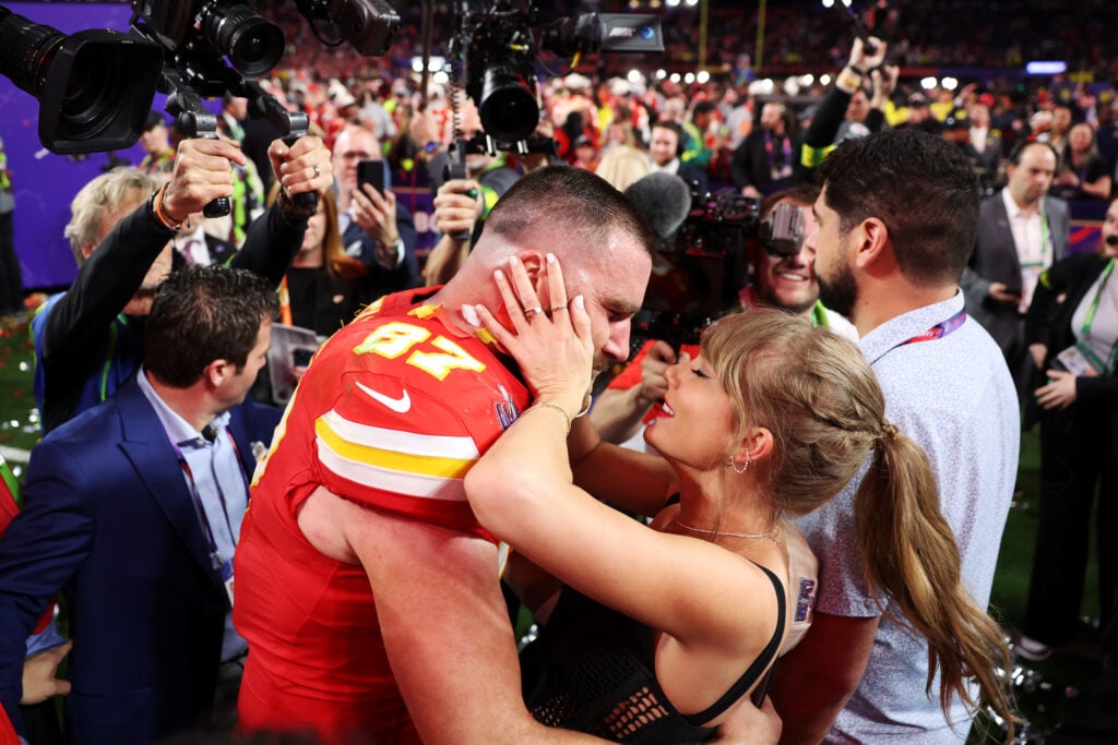 Taylor Swift and Travis Kelce in February of 2024 after his Super Bowl victory.